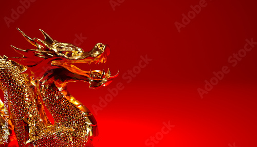 3d Gold dragon on red background with copy space, Year of the dragon Chinese new year 2024 concept.