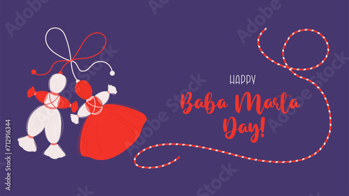 Martisor banner. Baba Marta Day. Red and white accessory talisman Martenitsa. Traditional holiday in Romania, Moldova and Bulgarian. Symbol for spring beginning. Vector horizontal illustration.
