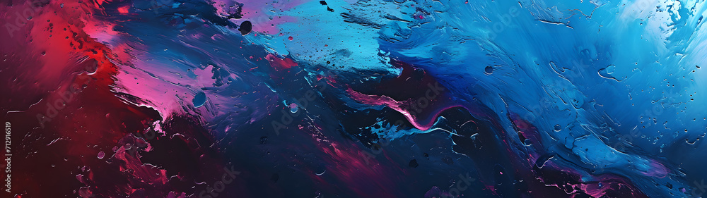 An explosion of vibrant hues dances across the canvas, as a blue and pink paint intertwine in an abstract masterpiece, evoking a sense of wonder and joy within the viewer - obrazy, fototapety, plakaty 
