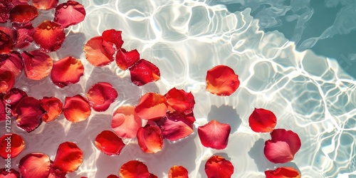 Transparent and clean white water and rose petals background sunlight reflection