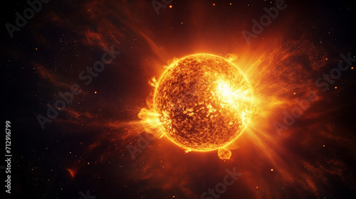 space scene background with bright sun against dark starry sky in solar system