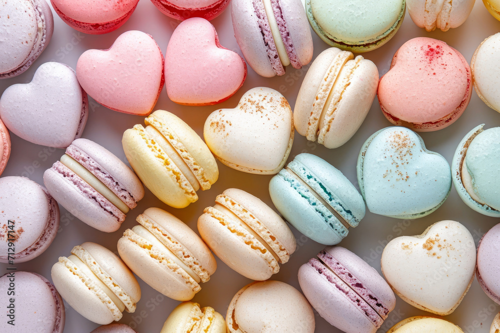 Fototapeta premium overhead view of pastel color heart shaped valentine's day macaroons