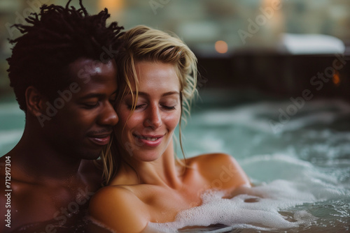 Happy young interracial couple in love in hot tub  spa wellness