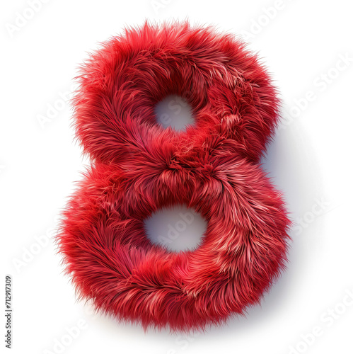 Red and fluffy 3D number 8 on transparent background as png. Furry, soft and hairy symbol 8. 3D rendering.