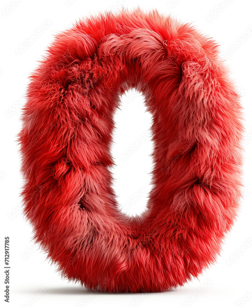 Red and fluffy 3D number zero on transparent background as png. Furry, soft and hairy symbol 0. 3D rendering. Red and fluffy 3D number zero on transparent background as png. Furry, soft and hairy symbol 0. 3D rendering.