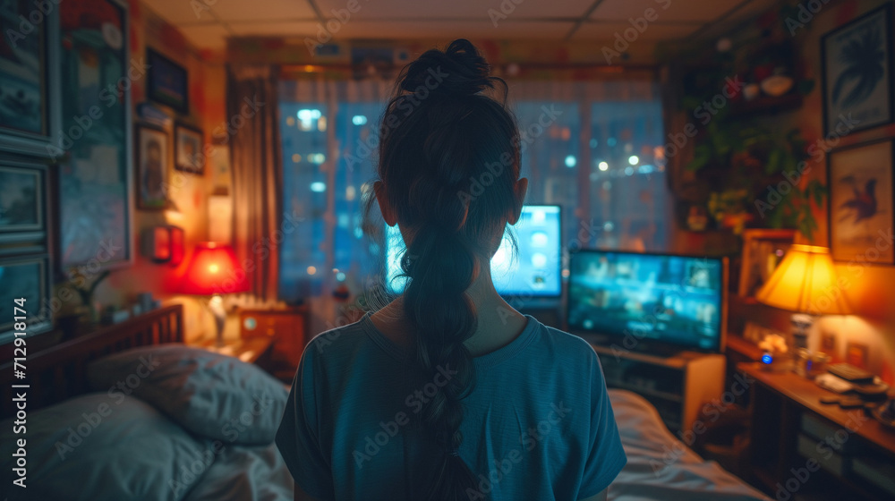 Nuit d'insomnie : femme regardant dans sa chambre durant la nuit des écrans par peur de s'endormir Nuit d'insomnie : femme regardant dans sa chambre durant la nuit des écrans par peur de s'endormir