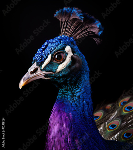 Pavo real con plumas llamativas azul mostrando su elegancia sobre fondo negro. Ave majestuoso de fauna en vida silvestre. photo