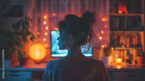 Nuit d'insomnie : femme regardant dans sa chambre durant la nuit des écrans par peur de s'endormir