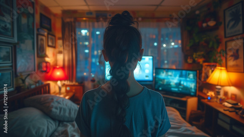 Nuit d'insomnie : femme regardant dans sa chambre durant la nuit des écrans par peur de s'endormir