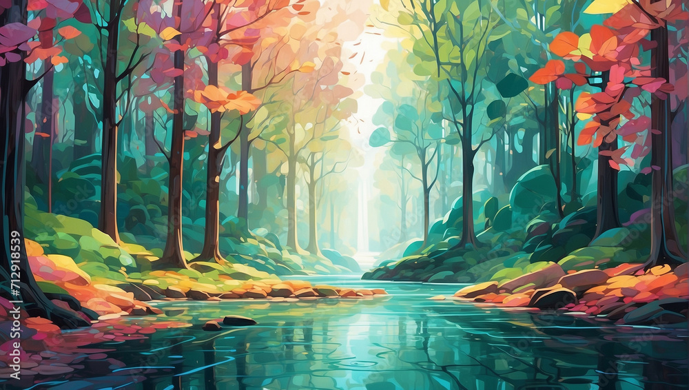 Landscape illustration artwork of a unknown mysterious forest. River side, Colorful, Trees and grass, Artistic
