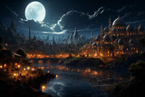 Magical Dark fairytale fantasy forest ,Beautiful Moon and River at Night with Mountains