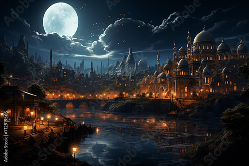 Magical Dark fairytale fantasy forest ,Beautiful Moon and River at Night with Mountains