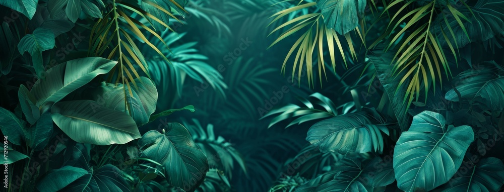 tropical leaves jungle background, in the style of dark aquamarine and green tropical leaves jungle background, in the style of dark aquamarine and green
