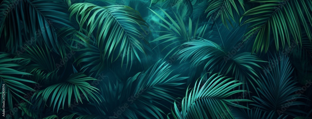 tropical leaves jungle background, in the style of dark aquamarine and green - obrazy, fototapety, plakaty 