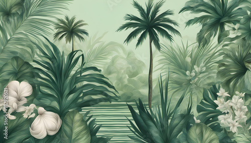 Tropical vintage botanical landscape with palm tree