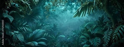 tropical leaves jungle background  in the style of dark aquamarine and green