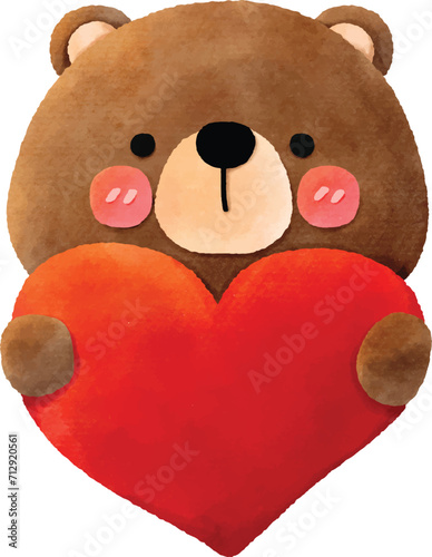 cute teddy bear cuddling a big red heart in watercolor design