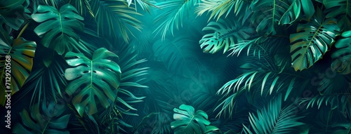 tropical leaves jungle background, in the style of dark aquamarine and green