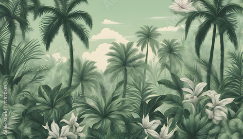 Tropical vintage botanical green landscape with palm tree