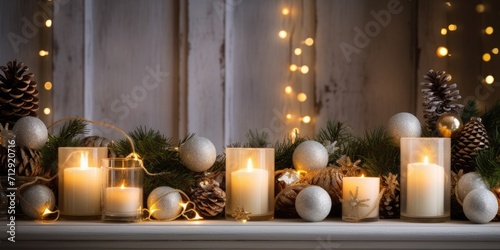 Candles and garland for winter decoration.
