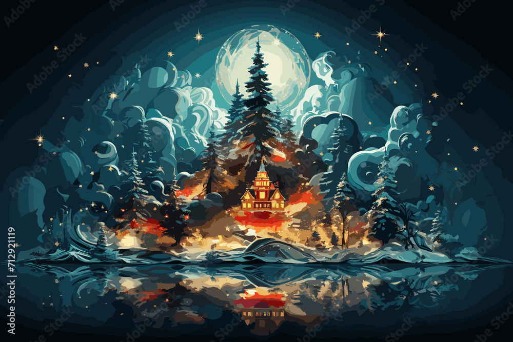 Obraz premium Magical Dark fairytale fantasy forest ,Beautiful Moon and River at Night with Mountains