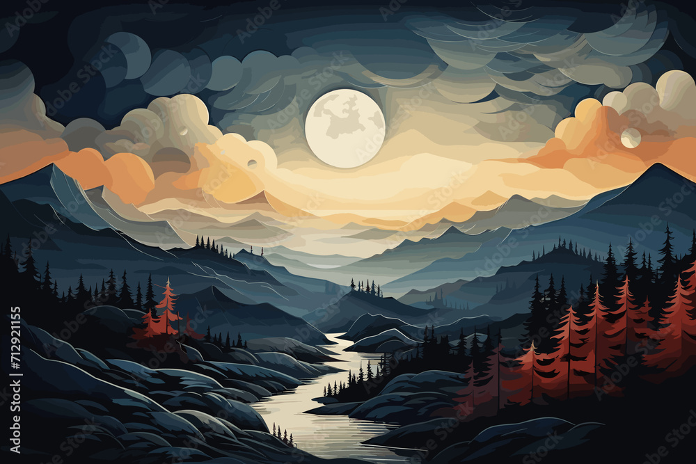 Sunset in the mountains and river landscape scene