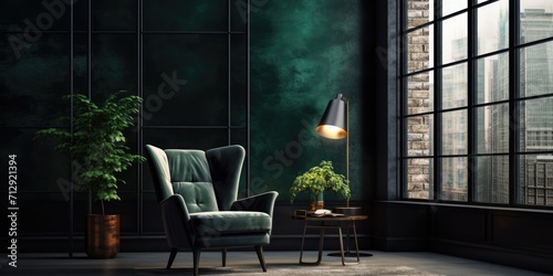 Dark loft with a chic interior featuring a classic emerald armchair, large windows, and black wall.