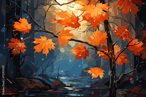 Illustration autumn landscape beautiful colored trees. Color in nature. gorgeous view.