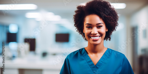 Portrait of a beautiful dark-skinned smiling female doctor in a hospital photo