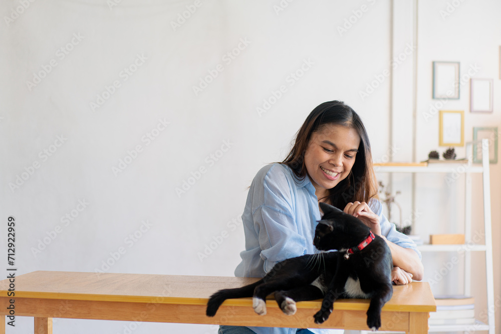 Joyful fit woman sitting having fun with cute cat on the armchair at living room one autumn day , friendship and love for pets. Joyful fit woman sitting having fun with cute cat on the armchair at living room one autumn day , friendship and love for pets.