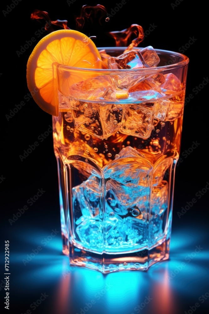Close-up of a vibrant cocktail in a glass, garnished with orange slices and splashing ice cubes on a blue-lit background. Close-up of a vibrant cocktail in a glass, garnished with orange slices and splashing ice cubes on a blue-lit background.