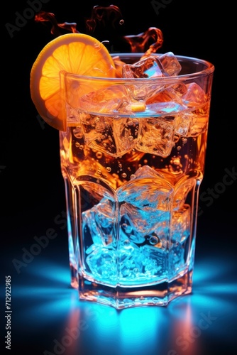 Close-up of a vibrant cocktail in a glass, garnished with orange slices and splashing ice cubes on a blue-lit background.