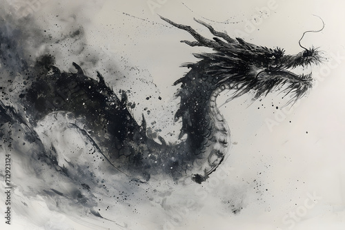 Black dragon with smoke on a white background. Close-up.