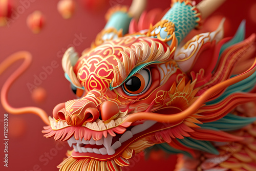 Chinese dragon statue on red background  closeup. Chinese zodiac symbol