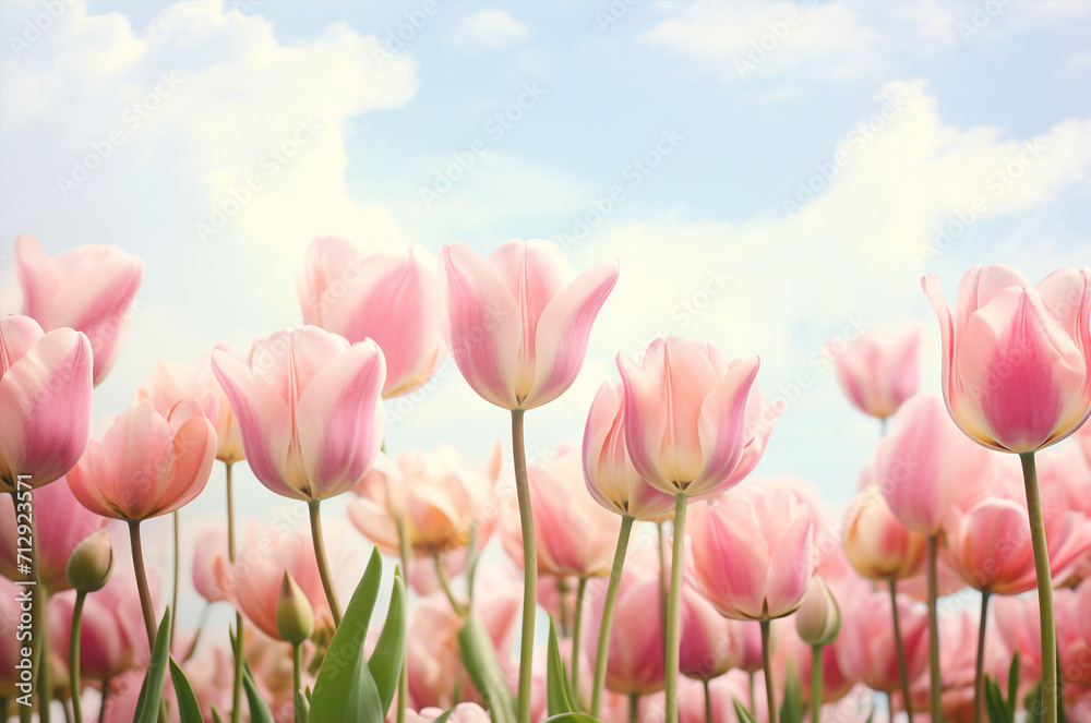 Fototapeta premium Tulips at dawn. Mother's Day card. Postcard for March 8