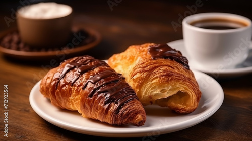 Chocolate-drizzled croissants with espresso on a wooden surface.