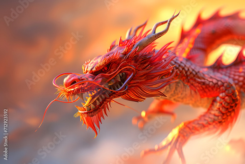 Dragon on the background of the sunset. 3D illustration. Fantasy.