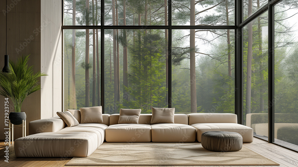 Beige corner sofa against of big windows. Minimalist interior design of modern living room in country house in forest Beige corner sofa against of big windows. Minimalist interior design of modern living room in country house in forest