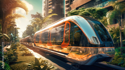 A moving high-speed electric train symbolizes progress and technological achievements. EcoMotion: ushering in a futuristic revolution in green transport.