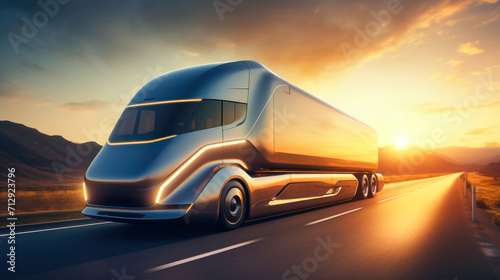 Futuristic electric semi-trailer carrying commercial goods in a van semi-trailer, driving for delivery on a winding road at sunset. © Anoo