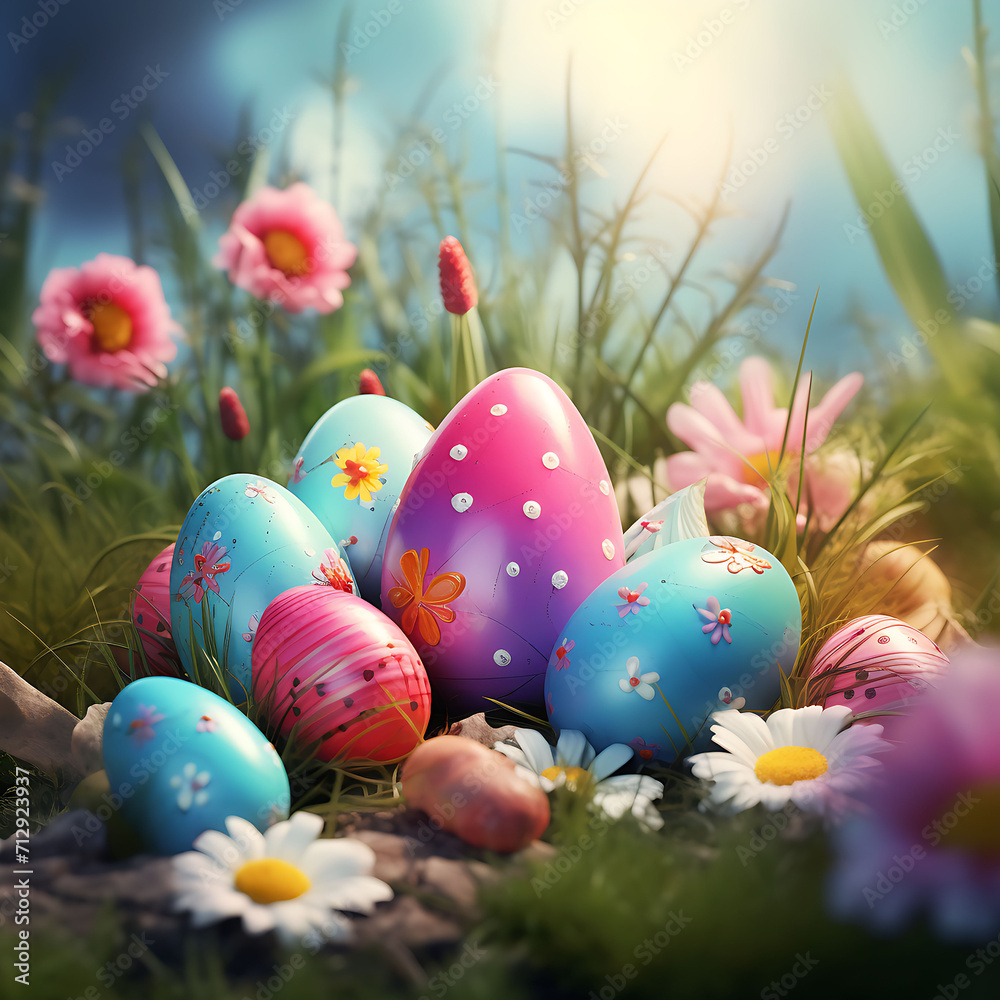 Happy easter day colorful eggs and bunny and butterfly on fresh green grass decorative background.