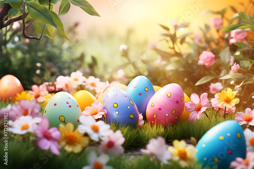 Happy easter day colorful eggs and bunny and butterfly on fresh green grass decorative background.