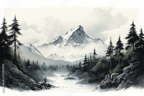 mountain landscape with a hill forest with coniferous trees, under blue winter sky with space for text. Gray mountains forest retro vintage