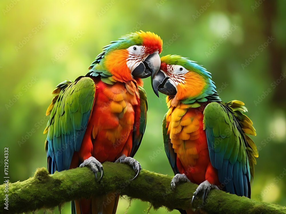 A beautiful loving couple macaw perching on top A beautiful loving couple macaw perching on top