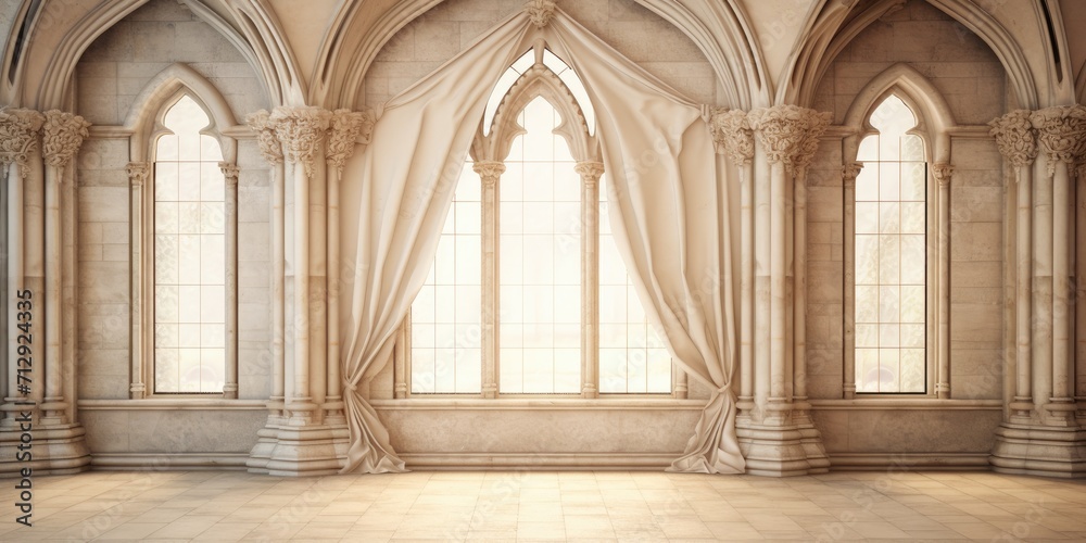 Obraz premium stone castle tiles with arches and curtains in medieval style.