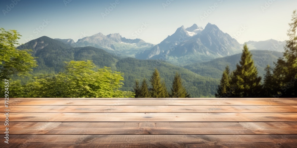 Empty table with mountain backdrop, sunny sky, and foliage.