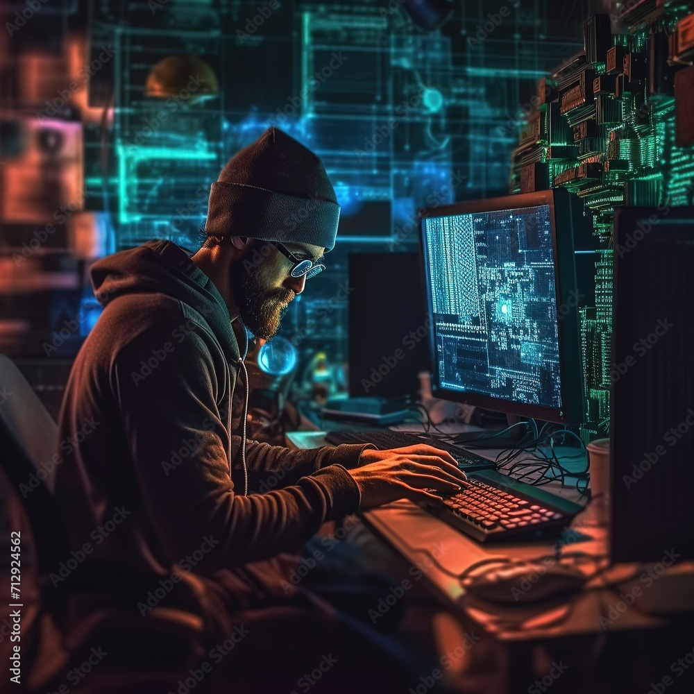 Man programmer or gamer or hacker with computer. Generative AI Man programmer or gamer or hacker with computer. Generative AI