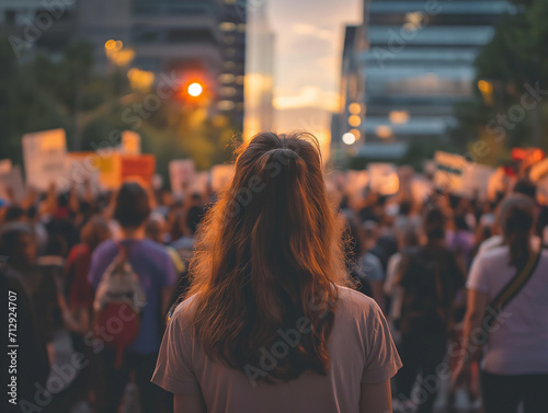 woman seen from behind, group of people protesting in the street, warm weather