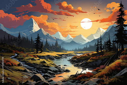 Sunset in the mountains and river landscape scene