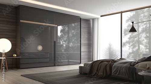 Grey wardrobe with glossy sliding doors in minimalist style interior design of modern bedroom
